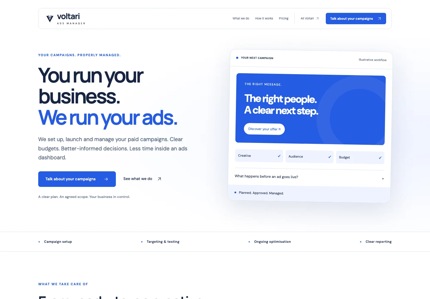 Voltari Ads Manager actual website homepage snapshot